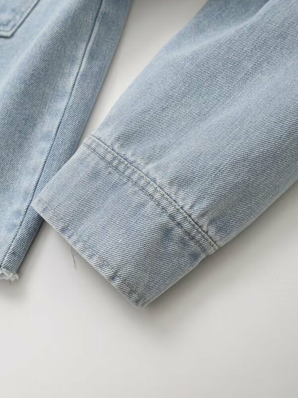 Jaqueta jeans casual curta feminina, casaco retrô, manga comprida, de botão, blusa chique, decoração de bolso, nova moda, 2024