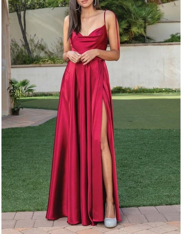 Women's Spaghetti Straps Silk Prom Dresses with Slit Halter Ruched Aline Formal Evening Gowns Sweet Spring Bridesmaid Dress
