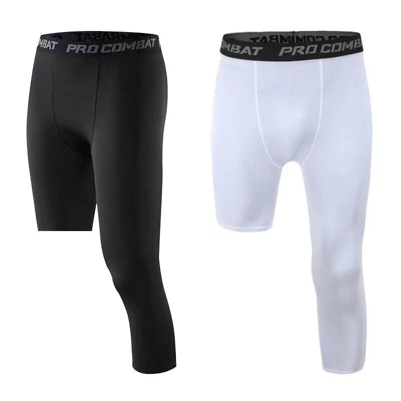 Men Compression Base Layer Running Tight Shorts Sport 3/4 Cropped Pant Leggings Gym Basketball Fitness Exercise Cycling Trousers