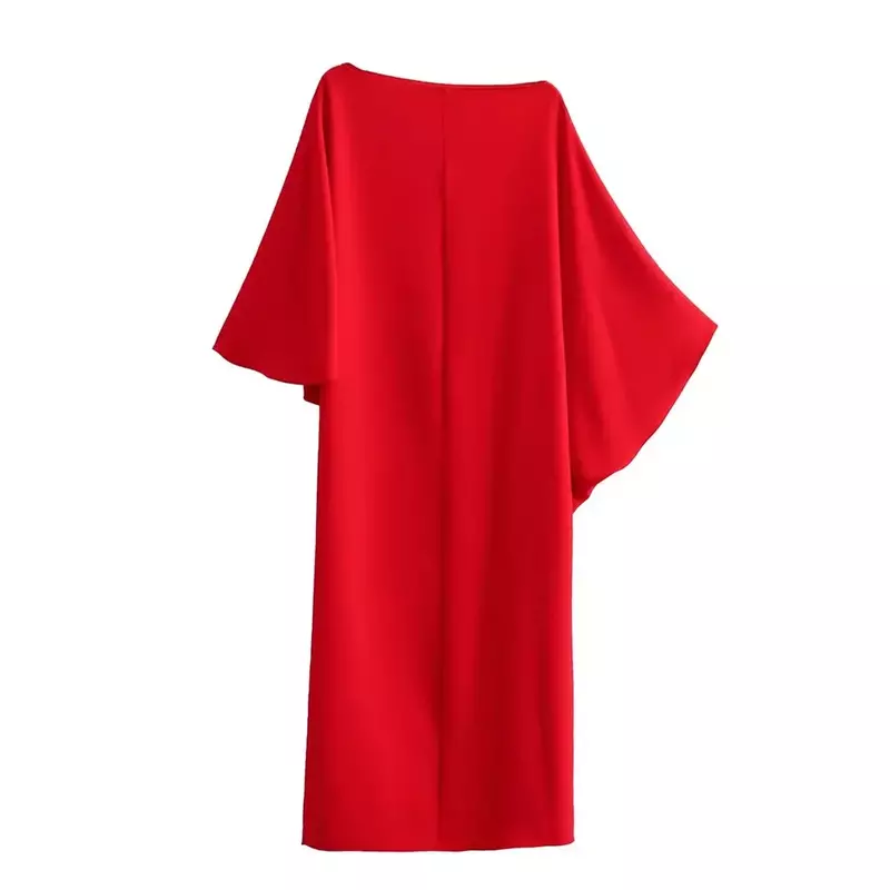 Chemise longue décontractée en satin rouge pour femme, style cape asymétrique, col rond, vacances à la mode, printemps 2024