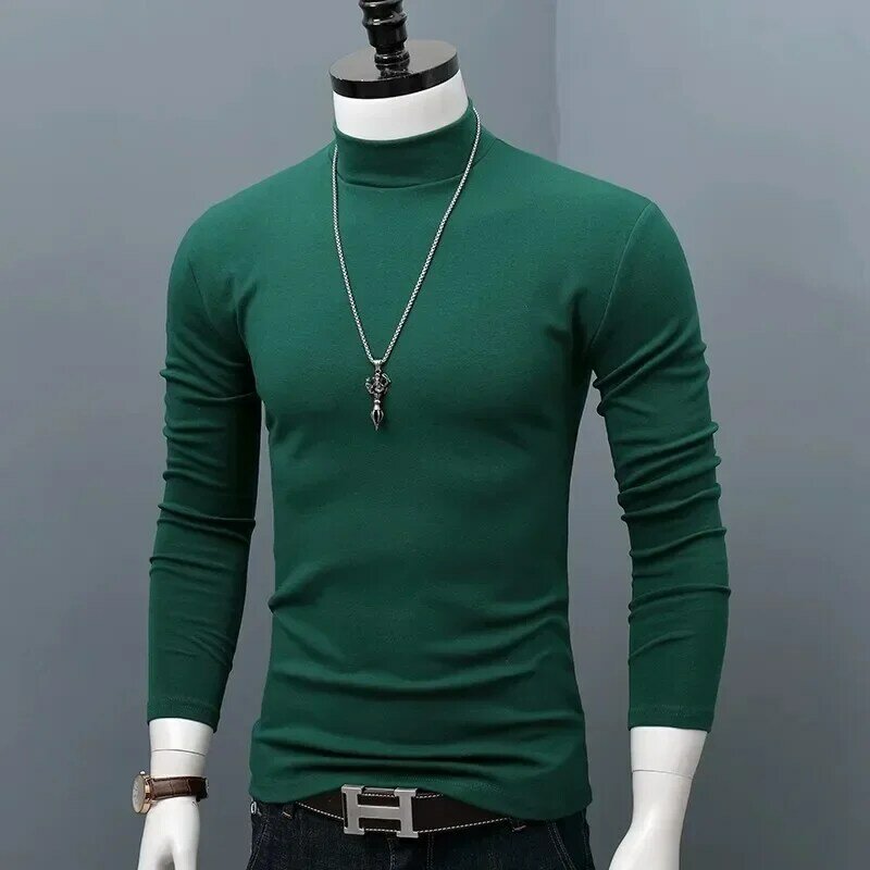 T-shirt térmica longa masculina, roupa fina, manga de pescoço, slim fit, tops de inverno, roupa interior térmica, outono, calças justas