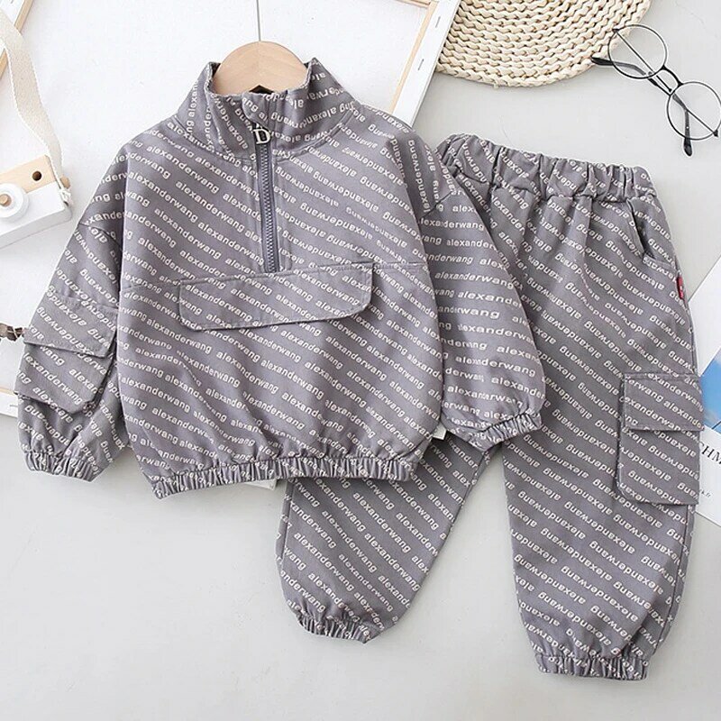 New Spring Autumn Boys Clothing Set Full Print Letters Pullover Coat+Pants 2Pcs Sports Suit For 1-5 Years Kids Casual Outfit