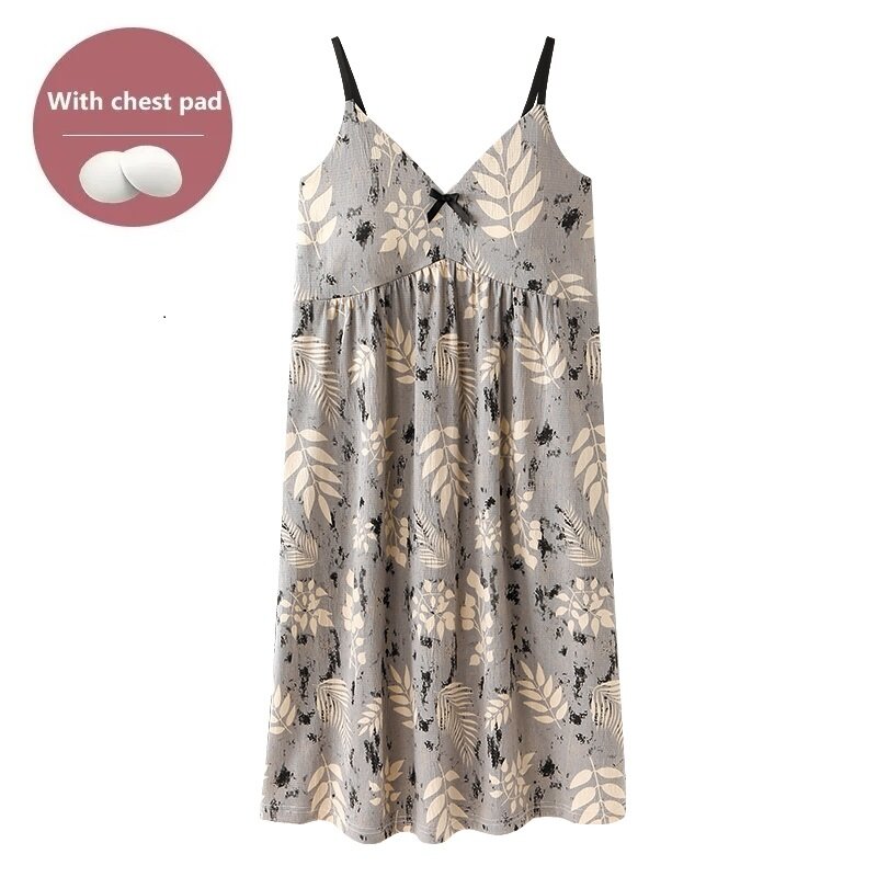 Summer dress with chest pad sexy spaghetti strap women print nightgowns cotton pijamas big yards 4XL sling skirt dressing gowns