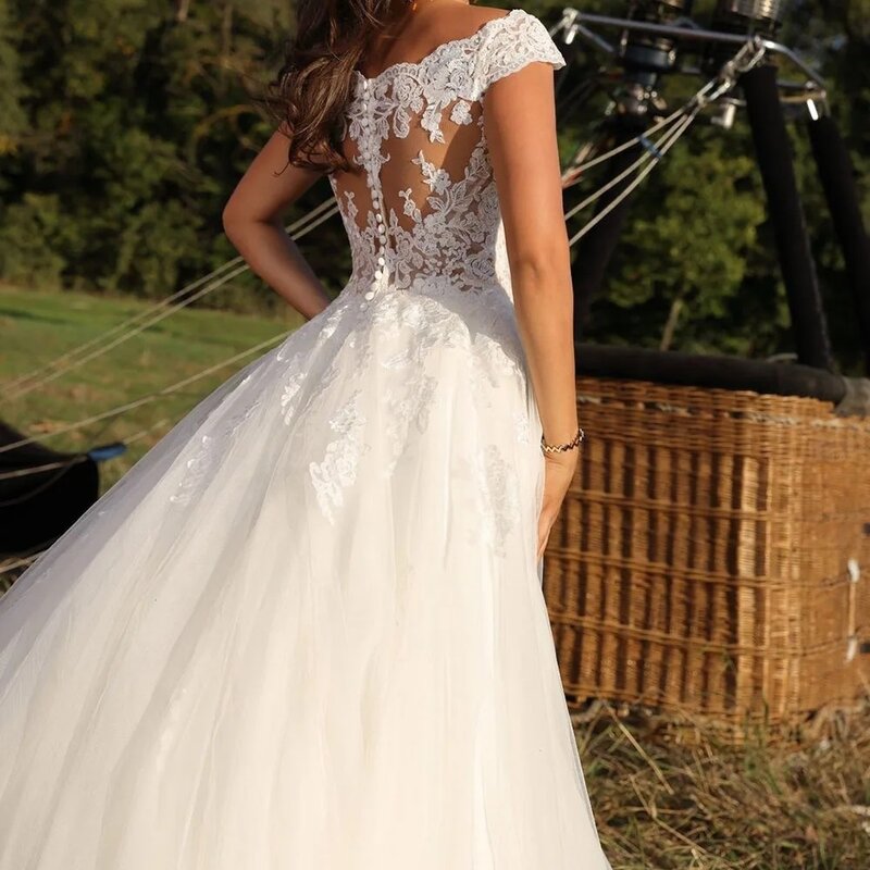 I OD Elegant O-Neck Wedding Dress Lace Applique Cap Sleeves Illusion Button Tulle Bridal Gown Floor Length Vestidos De Novia New