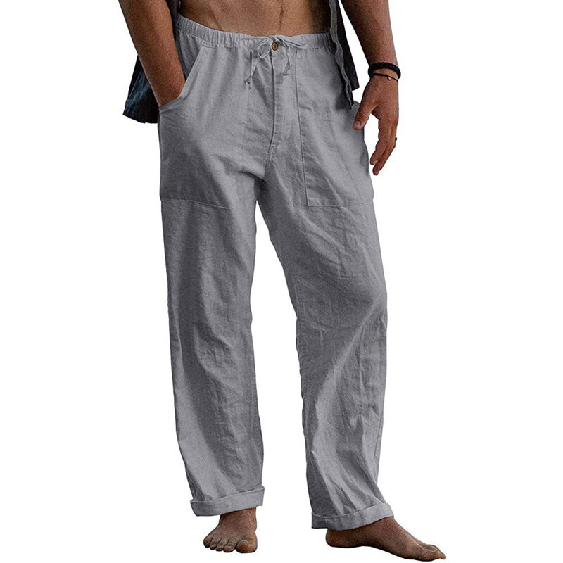 Pantalones holgados de lino y algodón para hombre, pantalones informales elásticos con botones, mallas para dormir, Verano