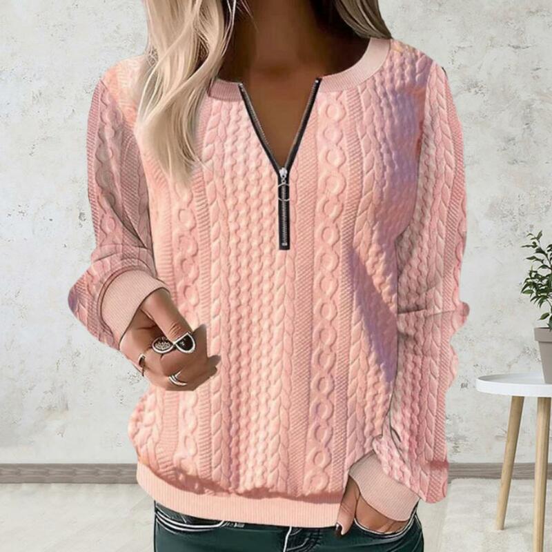 Women Soft Sweatshirt Stylish Women's Fall Spring Sweatshirt Zipper Twisted Texture Soft Solid Color Casual Mid Length
