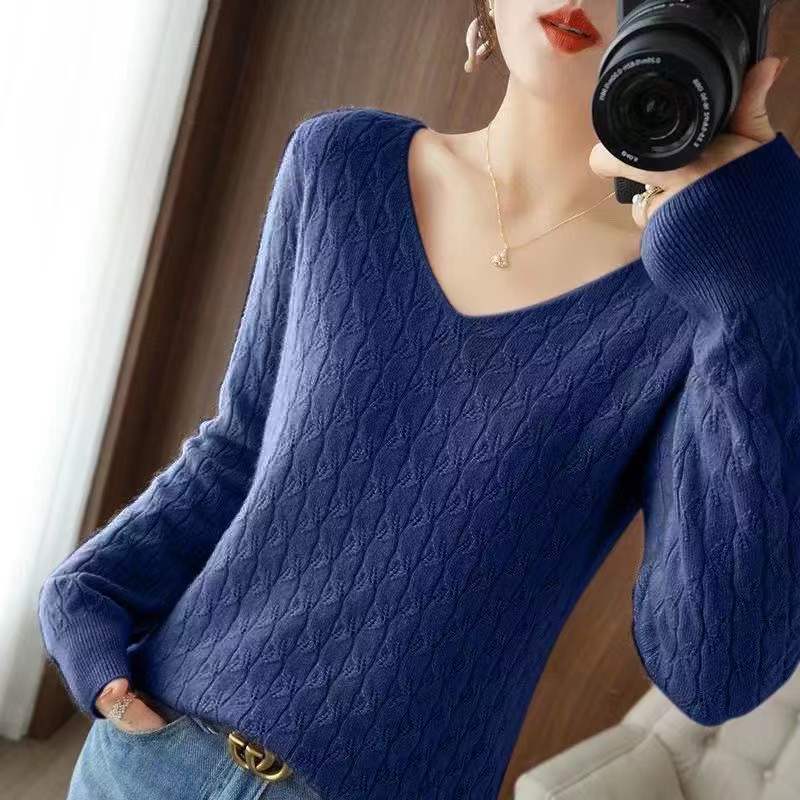 Sweater wanita leher V polos musim gugur/dingin, pakaian luar longgar wanita, rajutan Dalaman Barat serbaguna Korea baru 2023