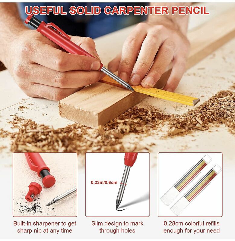 Juego de lápices de carpintero sólido, recarga de lápiz mecánico, marcador de construcción, herramienta de marcado para carpintero, trazador, arco de carpintería