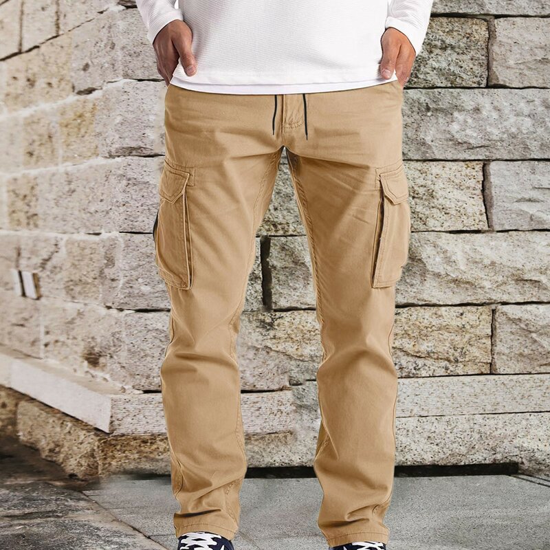 Mens cargo Pants Spring Autumn Solid Color Straight Pockets Drawstrings Trousers Hiking Sports Sweatpants Overalls Trousers Male