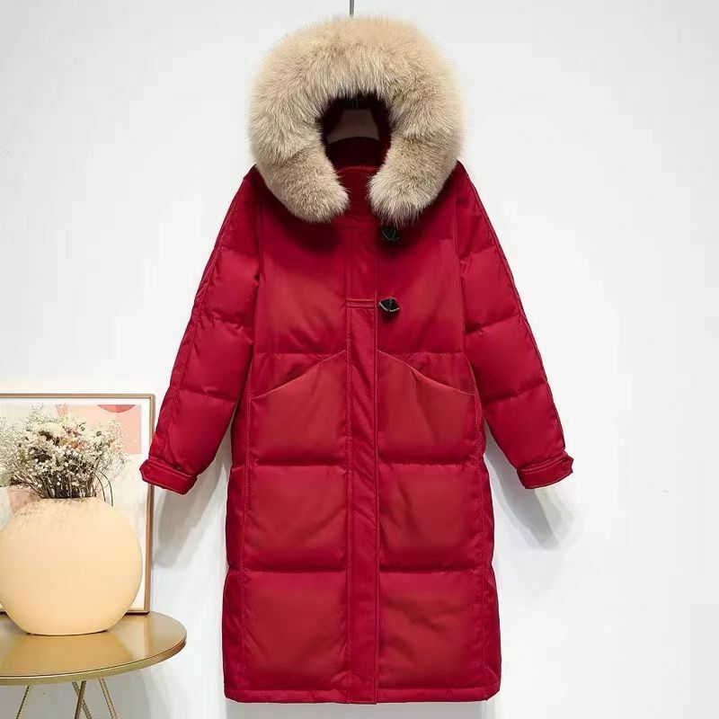 Winter Down Coat Women's Artificial Fur Or No Fur Hooded Korea Solid Zipper Horn Button Long Loose Thickened Warm Down Jacket