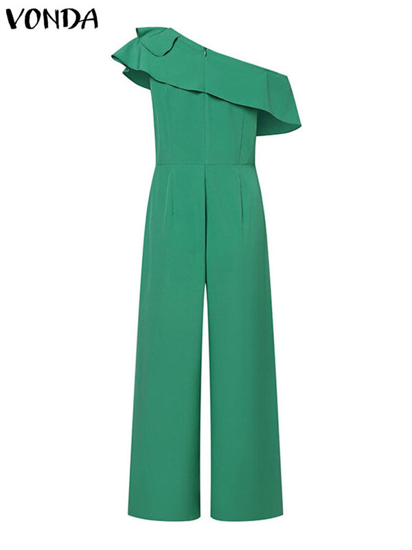 Plus Size 5XL VONDA Elegant Office Jumpsuits Women Long Rompers 2024 Summer Casual Solid Color Ruffled Off Shoulder Overalls