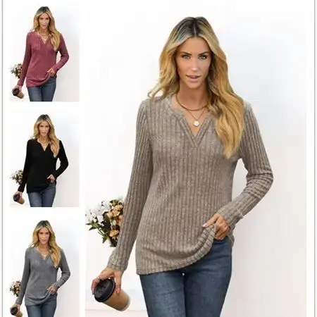 2024 European and American Autumn/Winter New Solid Color V-neck Loose Casual Long sleeved T-shirt Top for Women YBF43-3