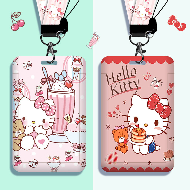 Sanrio การ์ตูนกระเป๋าเก็บบัตร Hello Kitty ป้องกันกรณีนักเรียนแขวนคอเชือก PVC Lanyard ID Sampul Kartu Credential Holder