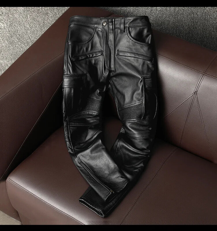 Мотоциклетные кожаные брюки, мужские брюки, толстые 100% воловья кожа, винтажные серые черные мужские байкерские брюки, зимние 5XL