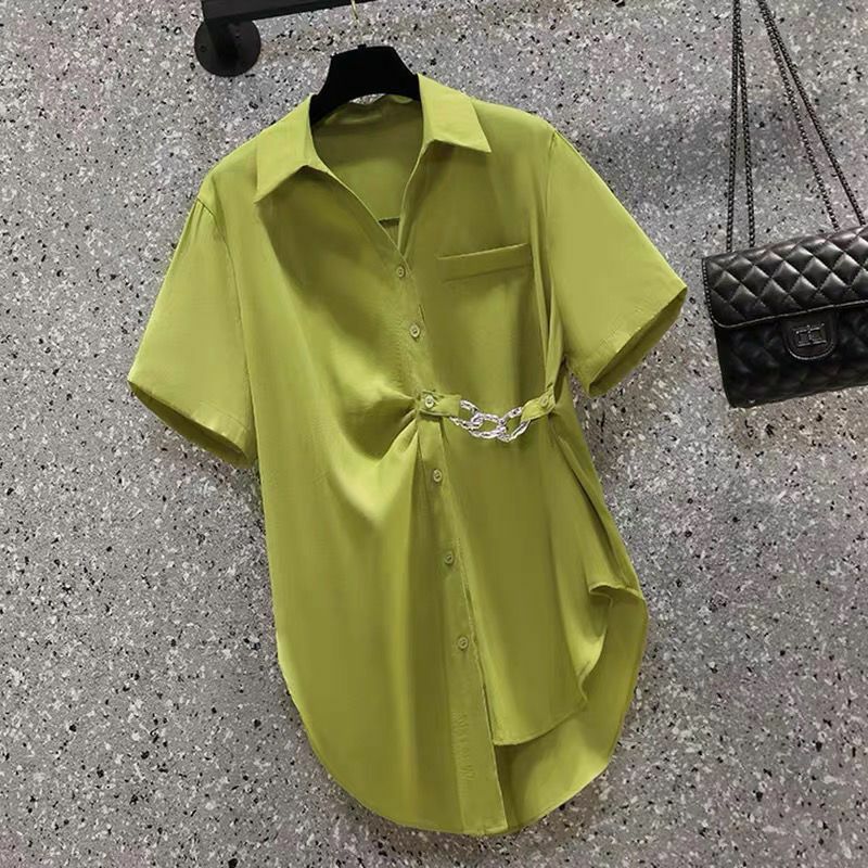Office Lady Button Loose Blouse Short Sleeve Polo Neck Solid All-match Shirt Tops Street Casual Fashion Women Clothing Summer