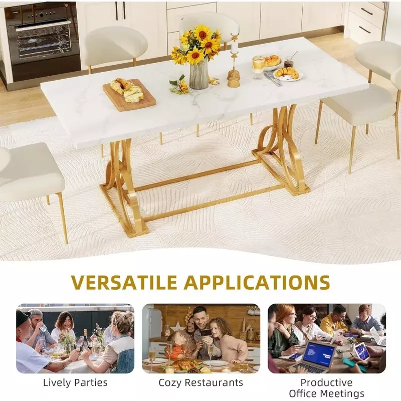 Meja makan besar Modern 70.3 inci, untuk 6-8 orang meja dapur persegi panjang dengan atasan Marmer imitasi dan kaki logam geometris emas