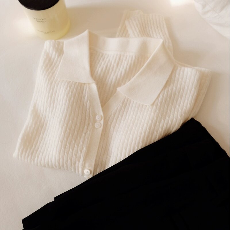 Polg Collar Imitation Wool Cardigan Spring Autumn Long Sleeved Fashionable Solid Color Soft Basic Knitted Sweater Top