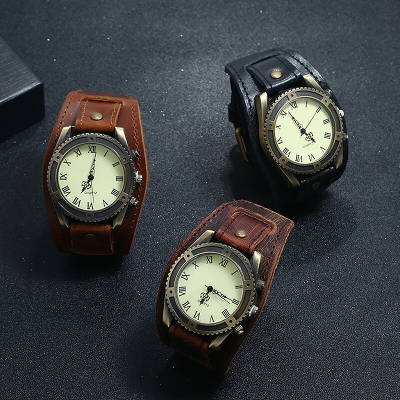 Homens numerais romanos Punk relógios de pulso, relógio de quartzo masculino, moda retro, pin fivela cinta, relógio de couro casual