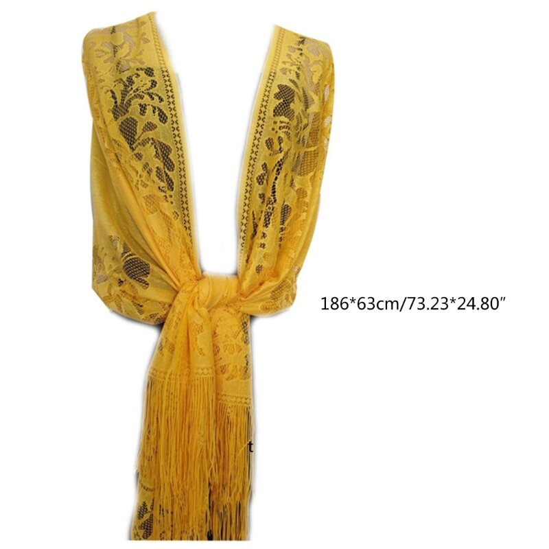 Lenço feminino da década 1920, 185x63cm, envoltório vazado, crochê, renda floral, franjas, borlas