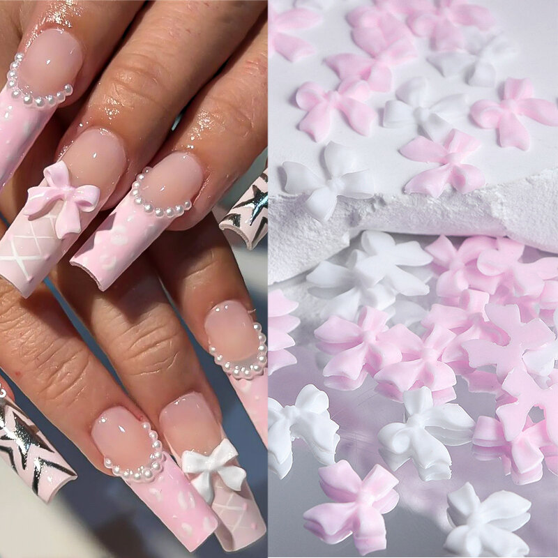 50 pz Kawaii Bowknot 3D carino rosa bianco Nail Art decorazioni ciondoli per unghie accessori Manicure fai da te Mini Bowknot Design forniture