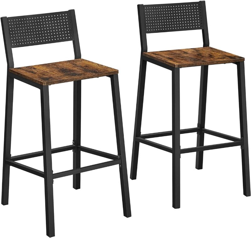 Stołki barowe VASAGLE, zestaw 2-krzeseł barowych, wysokie stołki barowe z oparciem, przemysłowe w pomieszczeniu imprezowym, rustykalny brąz i czarny