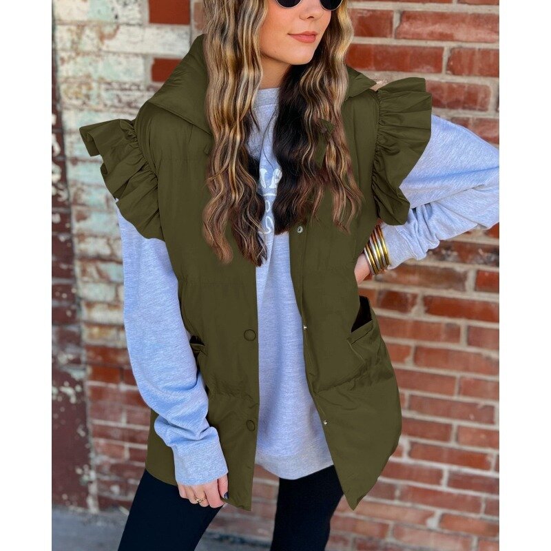 Autumn Winter Parkas Vest Coat Women Loose Pockets Cotton-Padded Coat Women Flying Sleeves Stand Collar Single-Breasted Parkas