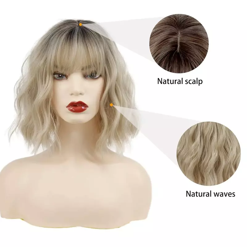 Short Curly Ash Blonde Bob Synthetic Wigs With Bangs Natural Hair Heat Resistant Black Red pink Hair Wigs for Women Cosplay