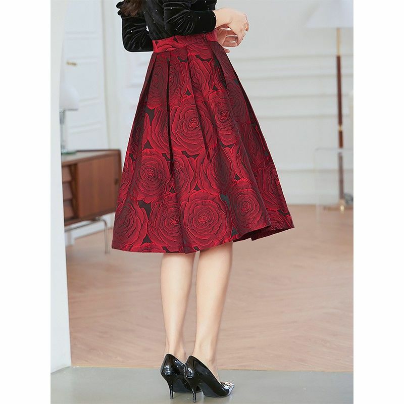 Женская Жаккардовая юбка с цветочным принтом, длинная Плиссированная Юбка трапециевидной формы с завышенной талией в стиле ретро, винтажная элегантная юбка в стиле Хепберн, Q589, для осени