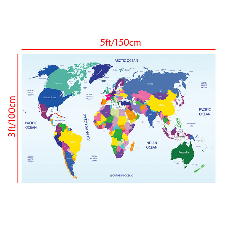 Carte du monde colorée Non tissée, 150x100cm, plaque de pays, affiche de décoration murale pour bureau et école