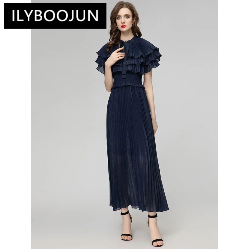 Ilyboojun-女性用バタフライスリーブロングドレス、レースアップカラー、伸縮性ウエスト、ヴィンテージパーティードレス、ファッションデザイナー、春