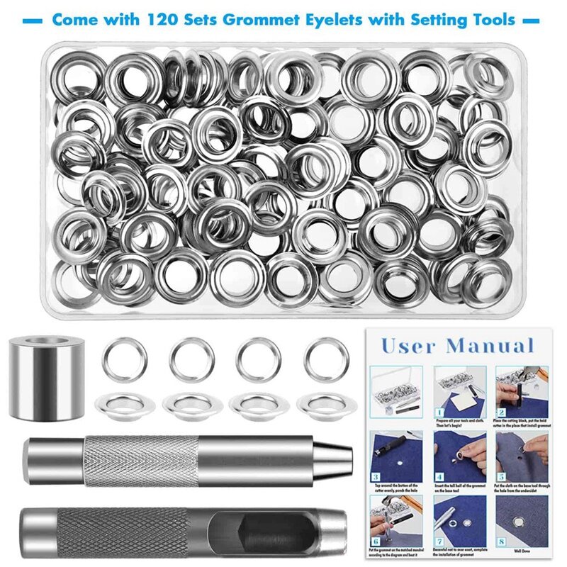 120 Sets Grommet Eyelets Tool Kit, Grommet Kit 1/2 Inch Eyelets With Tools And Storage Box