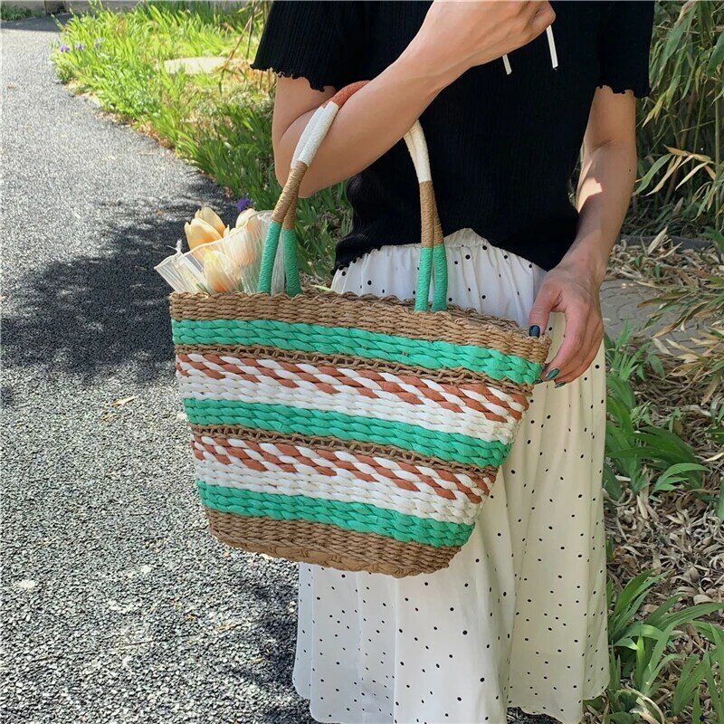 Bolsa de ombro de palha tecido mão feminina, alta qualidade praia saco, estilo boêmio, casual, para o verão