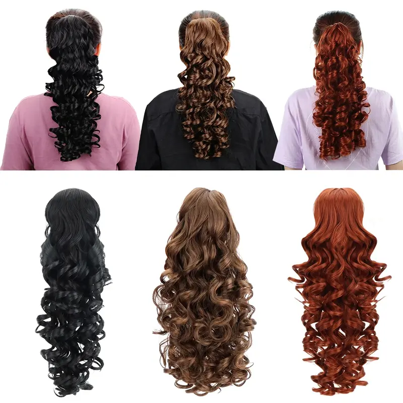 AICKER Long Wavy Synthetic Brown Black Wine Red Ombre 18" Ponytails Claw Clip In Hair Extensions for Women Heat Resistant