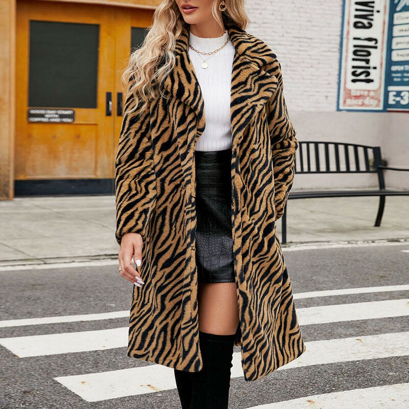 Женская флисовая куртка с отложным воротником, длинный кардиган с открытой передней частью, повседневное Свободное пальто из искусственного меха, теплая зимняя верхняя одежда, куртка, пальто с леопардовым принтом