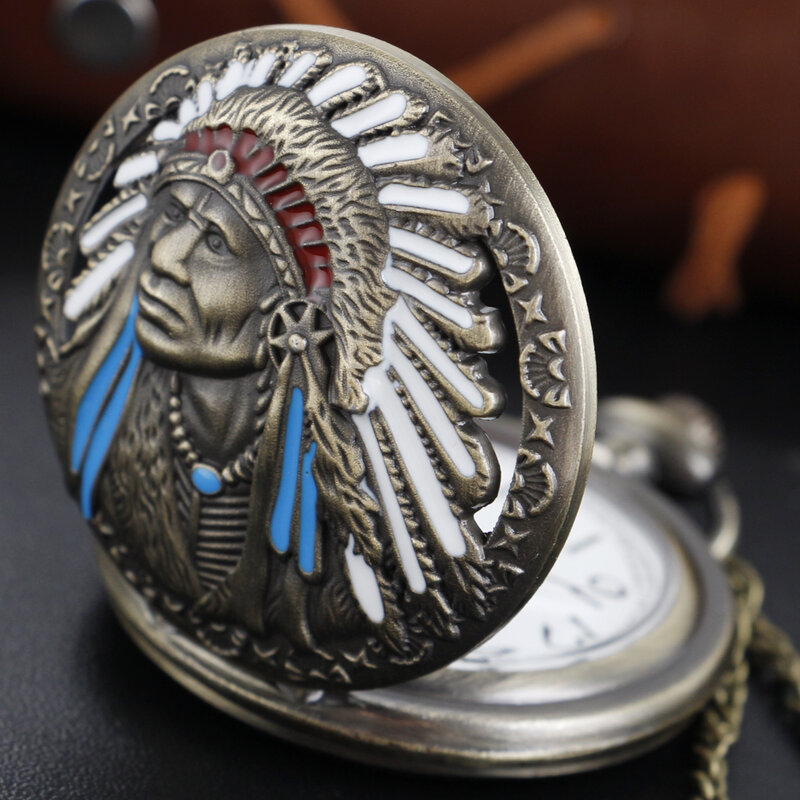Hunting Tribe Chieftain Quartz Pocket Watch Pendant Necklace Chain Watch Bronze Steam Punk Universal Gift for Boys and Girls