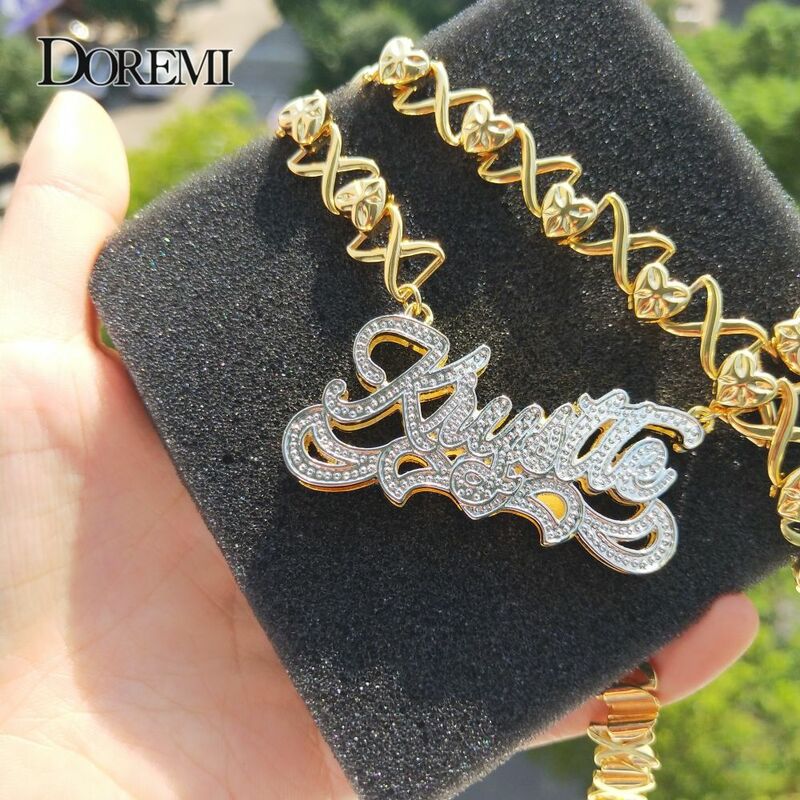 Doremi Xoxo-cadena con placa de identificación 3d para mujer, collar con doble nombre personalizado, pendientes personalizados, regalos de joyería