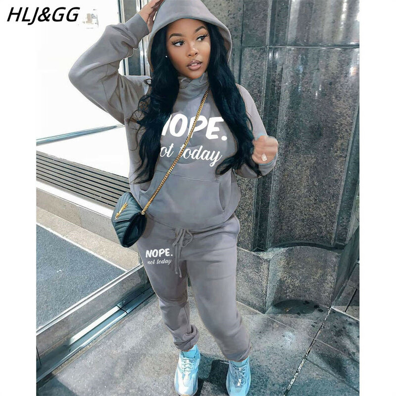 HLJ&GG Casual Letter Printing Two Piece Sets Women Outfits Fall Winter Hooded Long Sleeve Sweatshirt + Jogger Pants Tracksuits