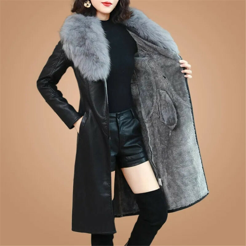 Зимнее меховое пальто с большим меховым воротником, женское флисовое утепленное средней длины, новинка 2023, кожаное пальто большого размера для стройной талии
