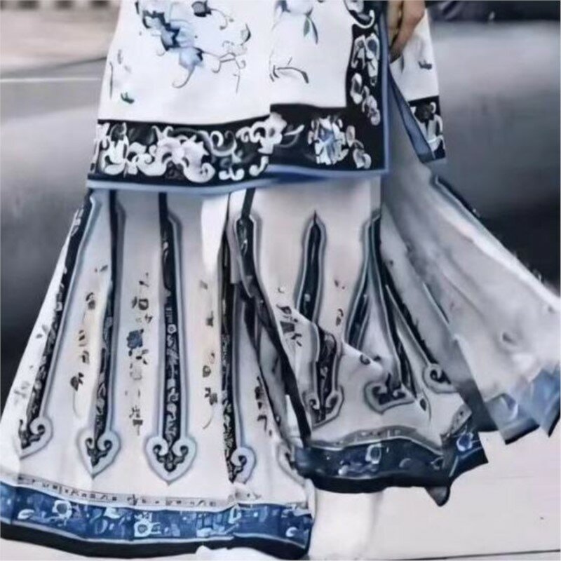Odzież Ge Cheongsam Qing Dynasty odzież późny Han damska niebiesko-biała nadruk porcelana strój nowa