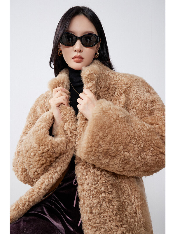 Manteau en fourrure à manches longues pour femme, col montant amovible, en laine d'agneau, automne et hiver