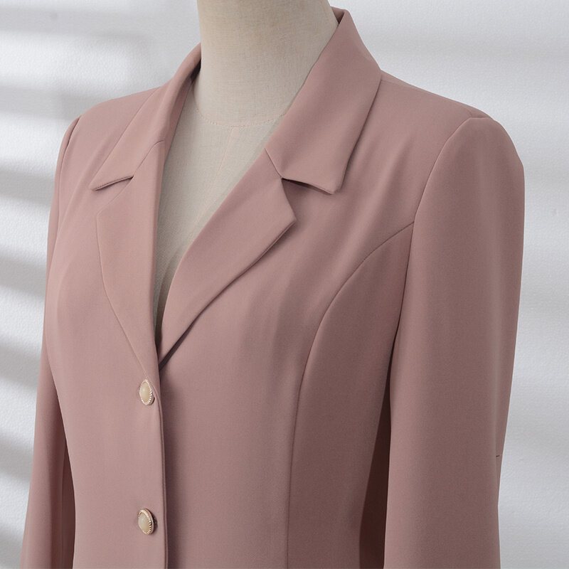 Women Long Sleeve Slim Fit Single Breasted Pink Suit Dress V Neck Office Lady Formal Business Work Long Trench Coat A-line Skirt