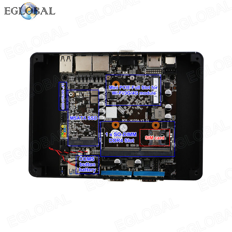 Eglobal il più nuovo Mini PC industriale senza ventola M3-J4125S con Intel Celeron J4125 Mini Cumputer 1 * DDR4 2 RS232 Com porte 2 Rj45 Lan