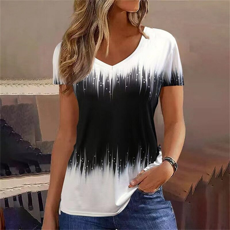 Fashion Women T Shirt Stripes Print Gradient V Neck Short Sleeve Basic Tops Streetwear Summer Oversized Clothing Female T-Shirts