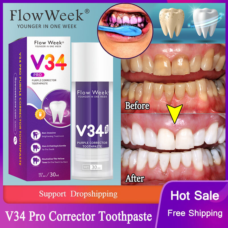 FlowWeek-dentes roxos branqueamento creme dental, V34, Remove manchas de fumaça e manchas de café, branqueamento dentes