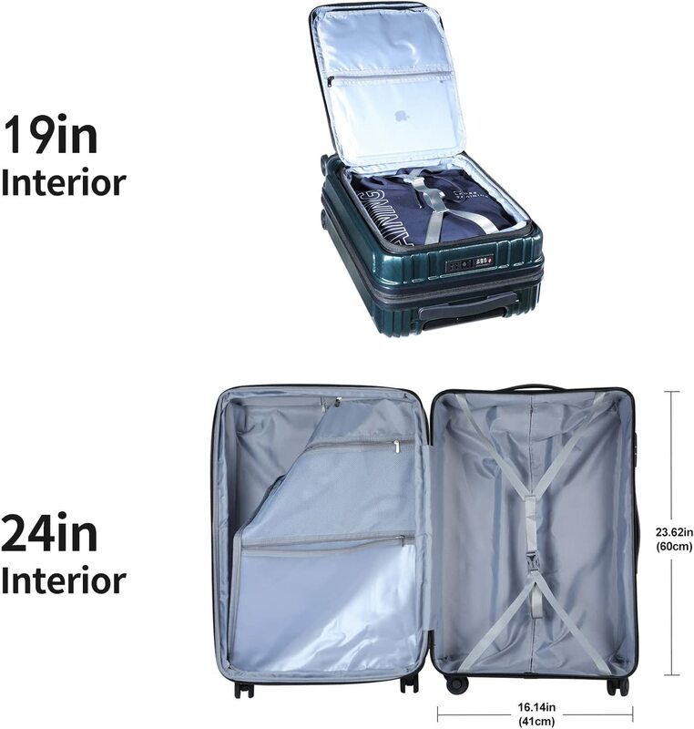 Set di valigie 2 pezzi 20/24 tasca anteriore per Laptop e ABS espandibile + PC ruote Spinner leggere Hardshell TSA Lock YKK Zipper Green
