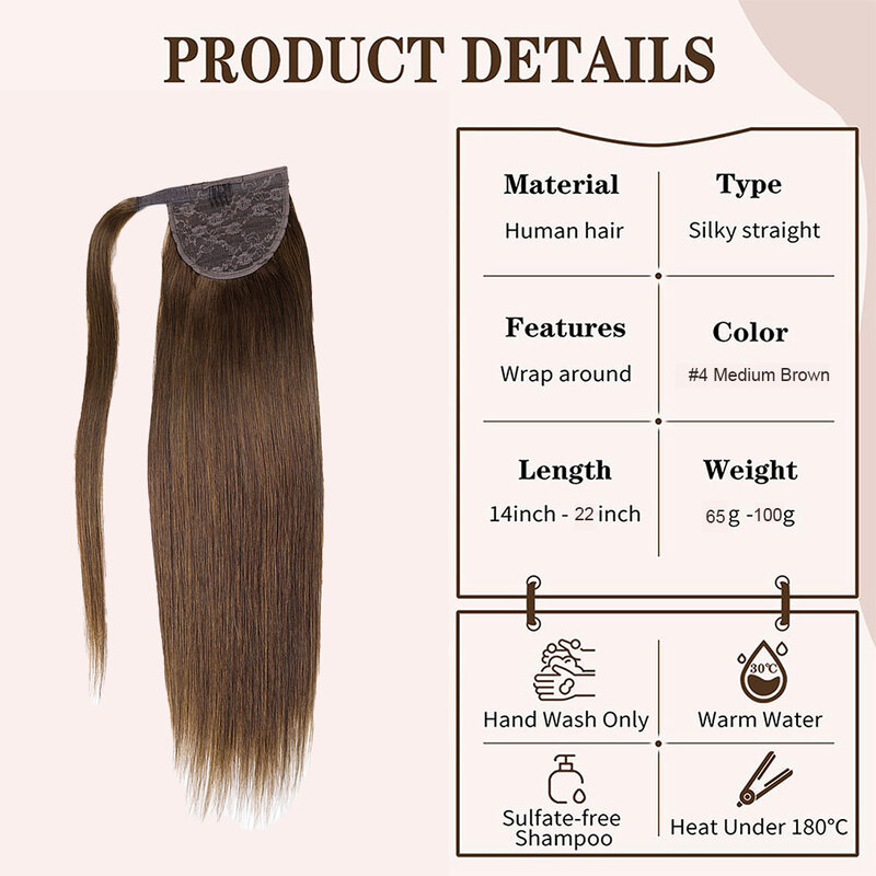 Extensión de cola de caballo para mujer, cabello humano 100% Remy, extensiones de cabello largo y liso, con Clip, #4