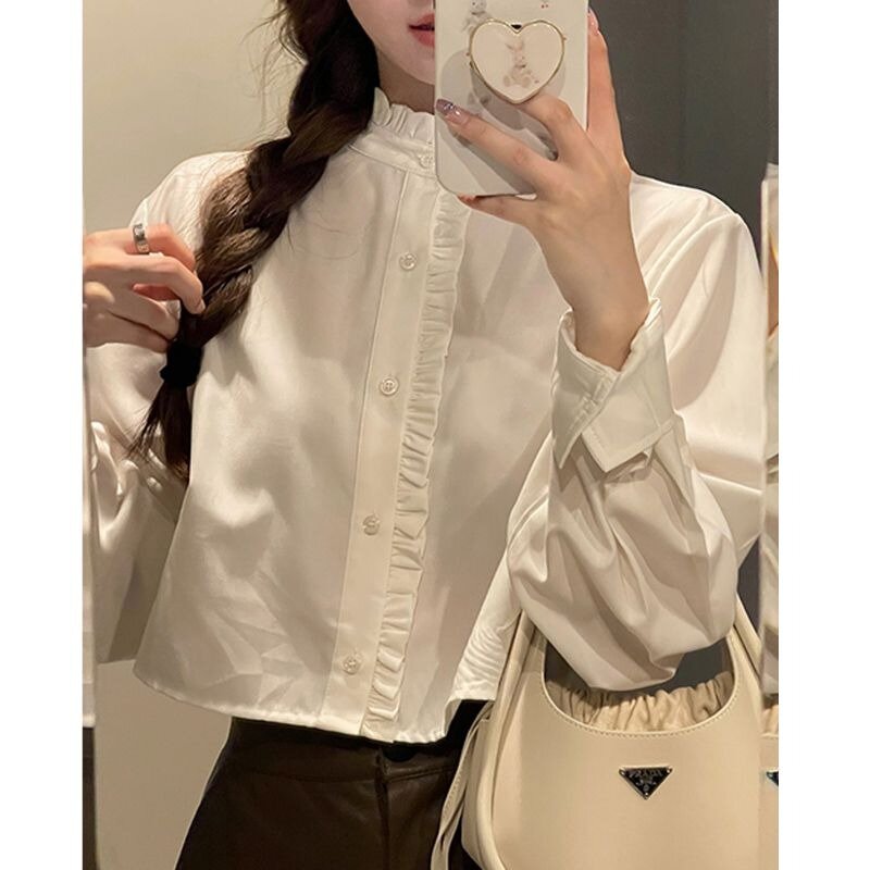 QWEEK Korean Style Vintage White Short Shirts Women Elegant Office Long Sleeve Blouses Solid Colour Fashion Youthful Autumn
