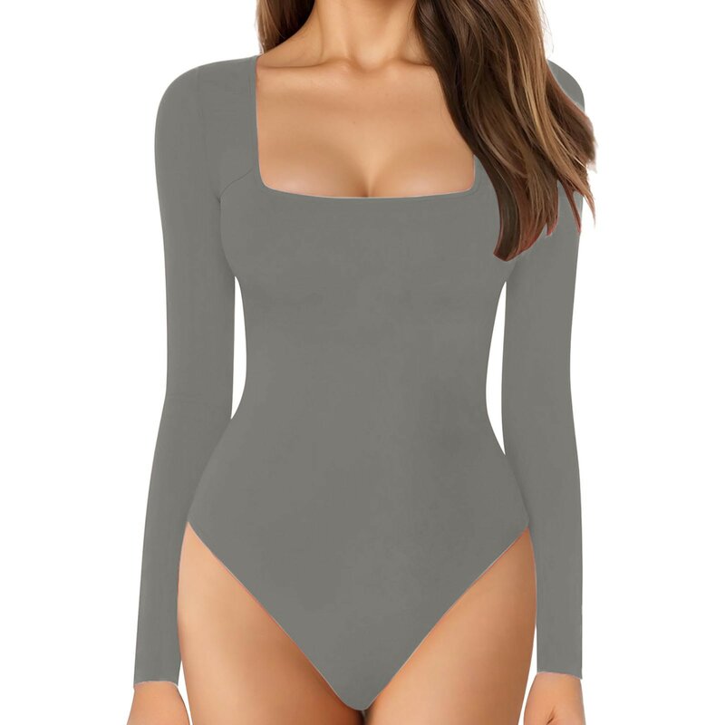 Women's Solid Color Long Sleeved Square Necked Low Necked Shorts Bodysuit Tight Fitting Sexy Bottoming Jumpsuit For Women