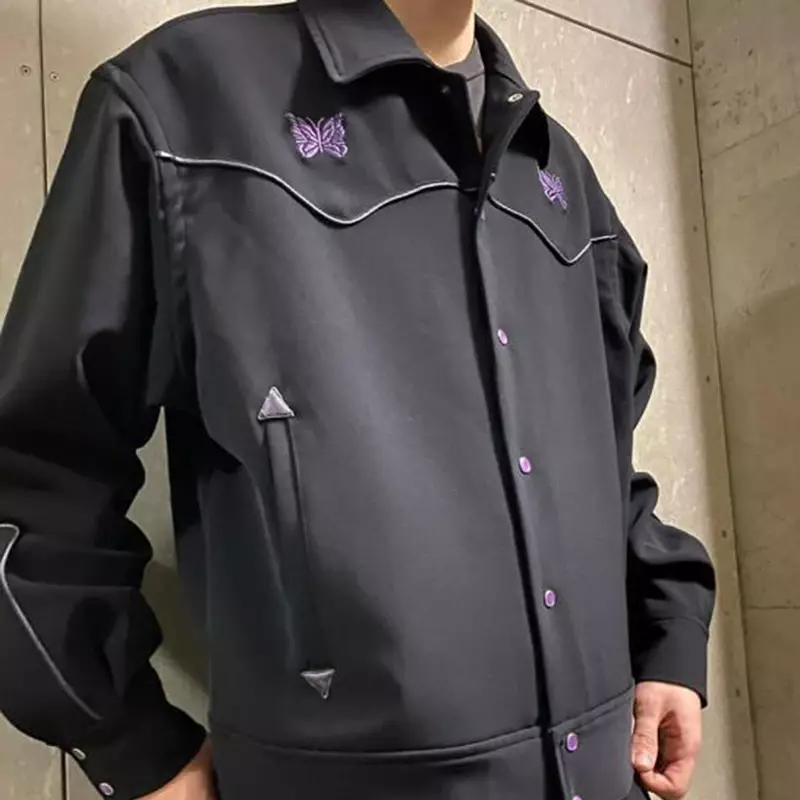 男性と女性のための長袖オーバーサイズのボタンコート,黒と紫の蝶の綿のジャケット,新しいコレクション