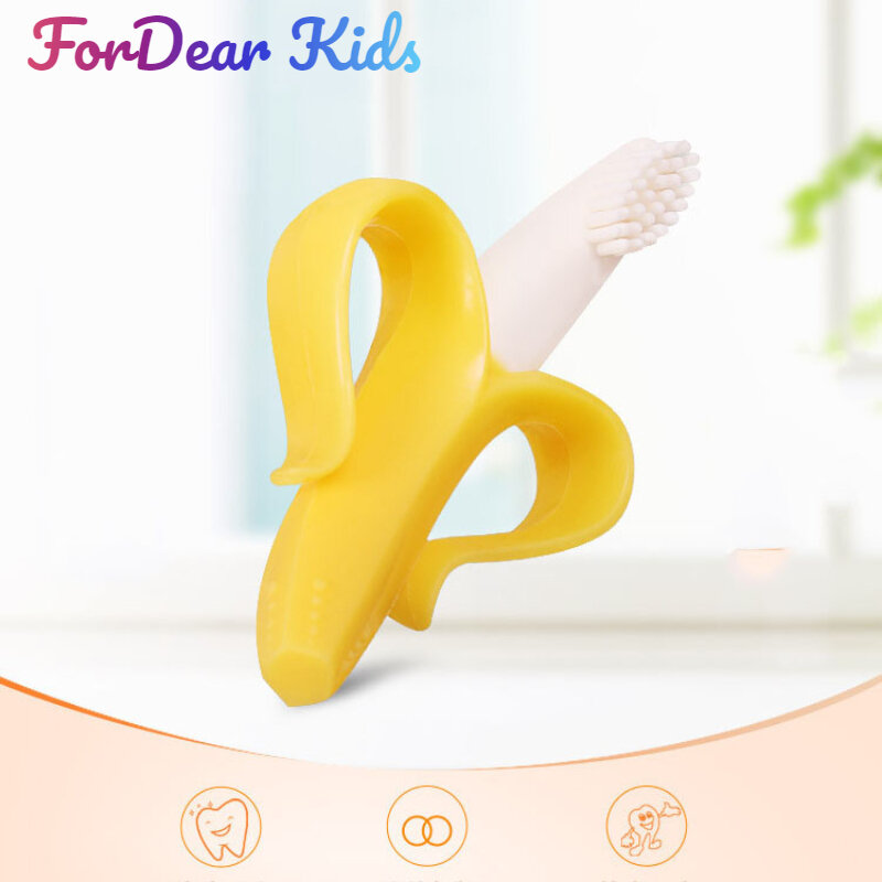 Cepillo de dientes de entrenamiento de silicona para bebé, sin BPA, forma de plátano, mordedor seguro, juguetes para masticar, anillo de dentición, regalo para bebé